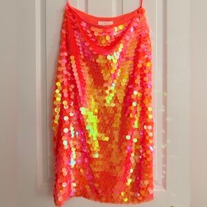Anthropologie Neon Orange Paillette Sequin Midi Skirt Size 6